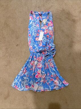 Lilly Pulitzer Blue Floral Halter Dress with Pink & White Accents